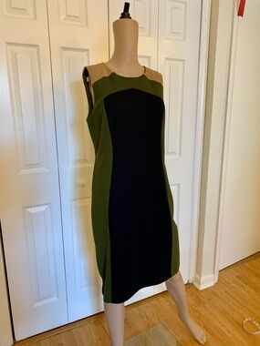 Premise Sleeveless Colorblock Midi Dress in Black, Olive & Beige